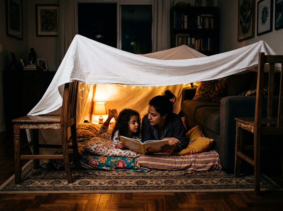 Cabana de lençol montada na sala, iluminada por dentro com luz quente, com mãe e filha lendo um livro deitadas em almofadas.
