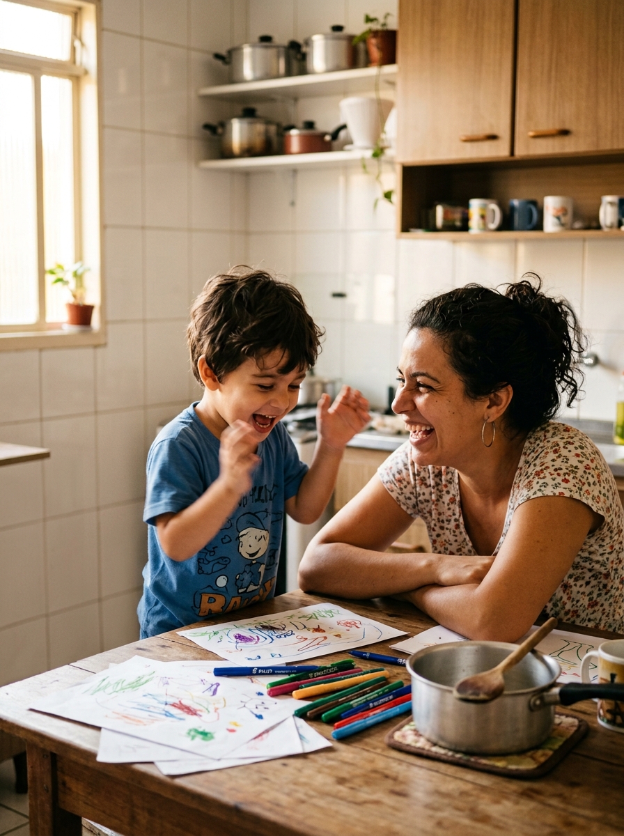 Mãe e filho pequeno rindo juntos na mesa da cozinha, cercados de desenhos e canetinhas coloridas.